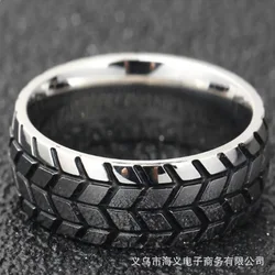 Personalized Punk 3D Carving Tire Ring Fashion Domineering Men's Silver Color Ring Trend Men's Hip Hop Motorcycle Party Jewelry