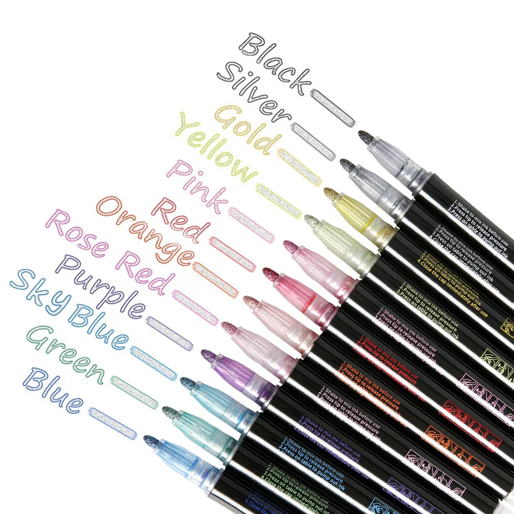 12 Colors Double Lines Contour Colored Paint Marker Set OutlineMetallic Glitter for Scrapbooking Bullet Diary Poster Gift Card