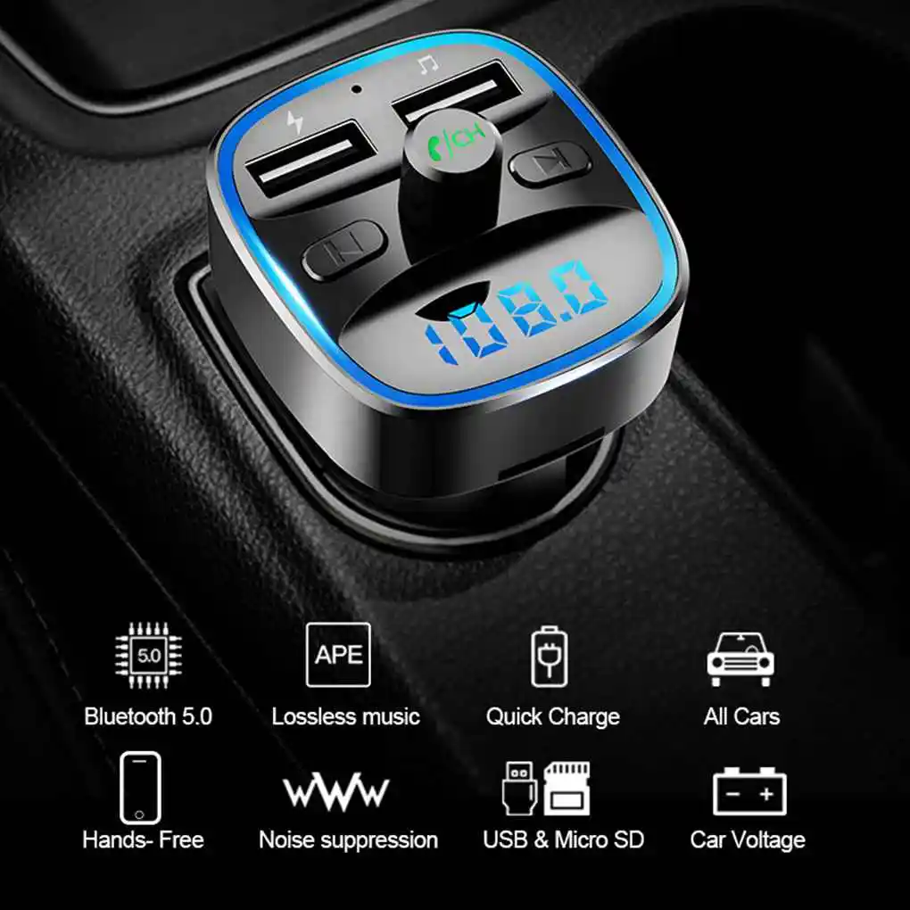 T25 FM Transmitter Bluetooth 5.0 Hands-Free Car AUX Radio Modulator MP3 Player with Fast Charging Adapter Auto Accessories