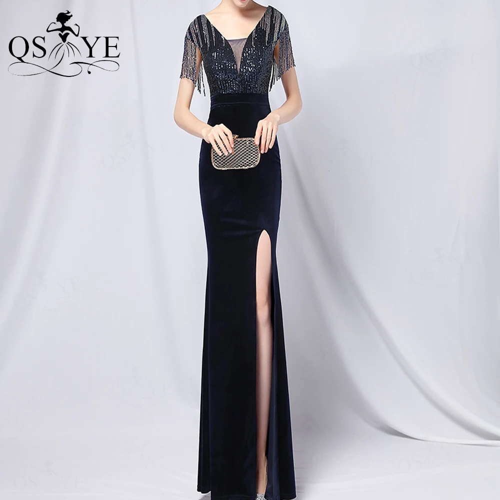 Navy Velvet Evening Dress Crystal Straps Cap Sleeves Prom Gown Split Fade Sequin Party Dress Triangle Net V Neck Women Gown Bead