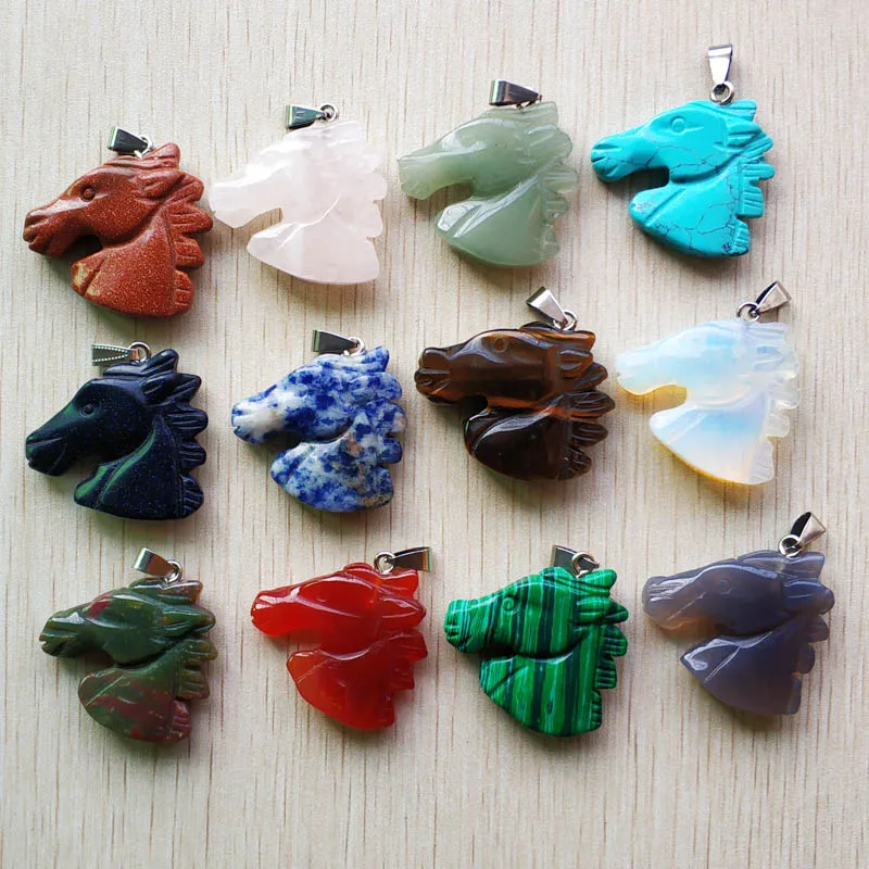 

Fashion mixed natural stone carved horse heads shape pendants for necklace jewelry making 12pcs/lot Wholesale Free shipping