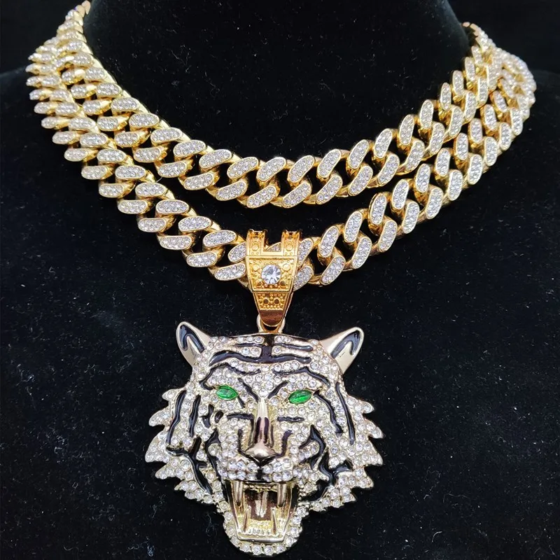 Hip Hop 3D Tiger Pendant Necklace with 13mm Crystal Cuban Chain HipHop Iced Out Bling Necklaces Men Women Fashion Charm Jewelry