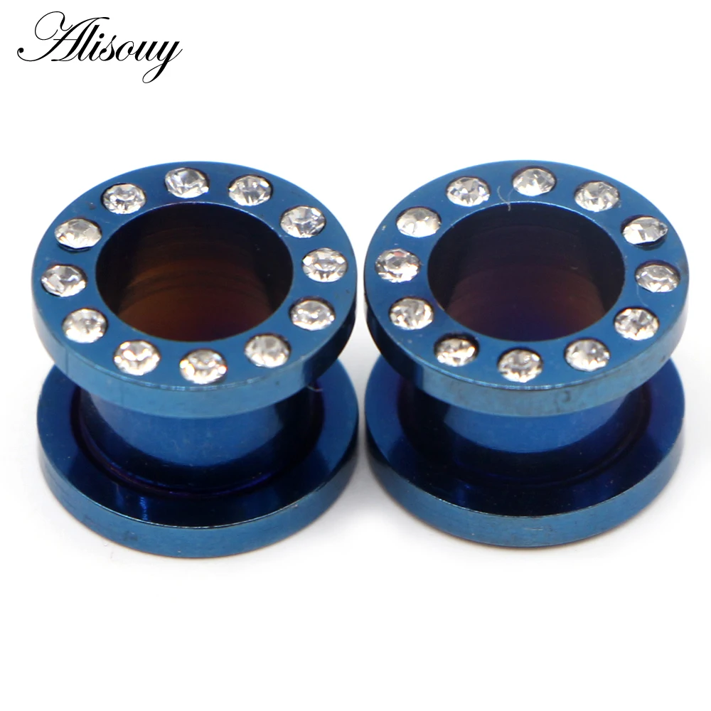 Alisouy 2pcs Steel Paved Crystal CZ Ear Piercing Tunnel Gauge Colorful Screw Fit Ear Flesh Plugs Ear Expander Piercing Jewelry