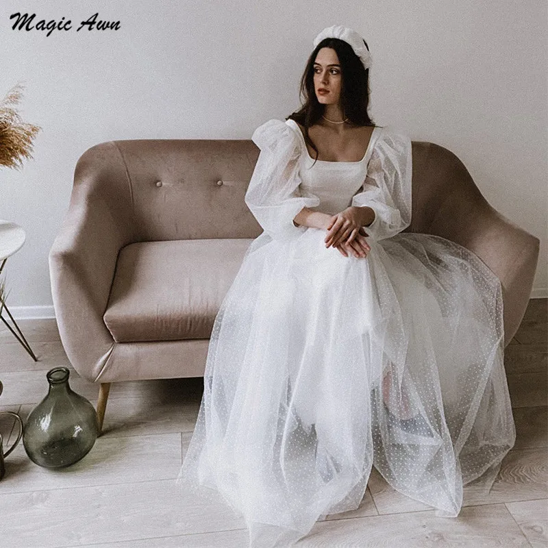 Magic Awn Vintage Polka Dots Tulle Wedding Dresses 2021 Puffy Sleeves Illusion Boho Bridal Gowns Maxi Long Vestidos De Novia