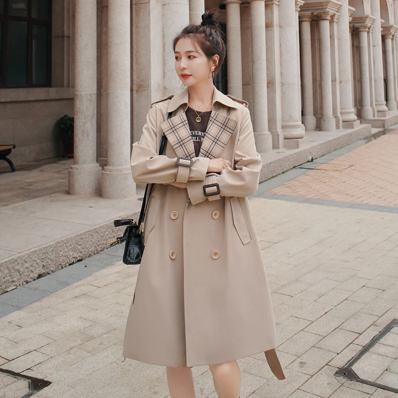 

Fashion England Style Women Trench Coat Double-Breasted Long Duster Coat Plaid Patchwork Outerwear Spring Autumn Windbreaker