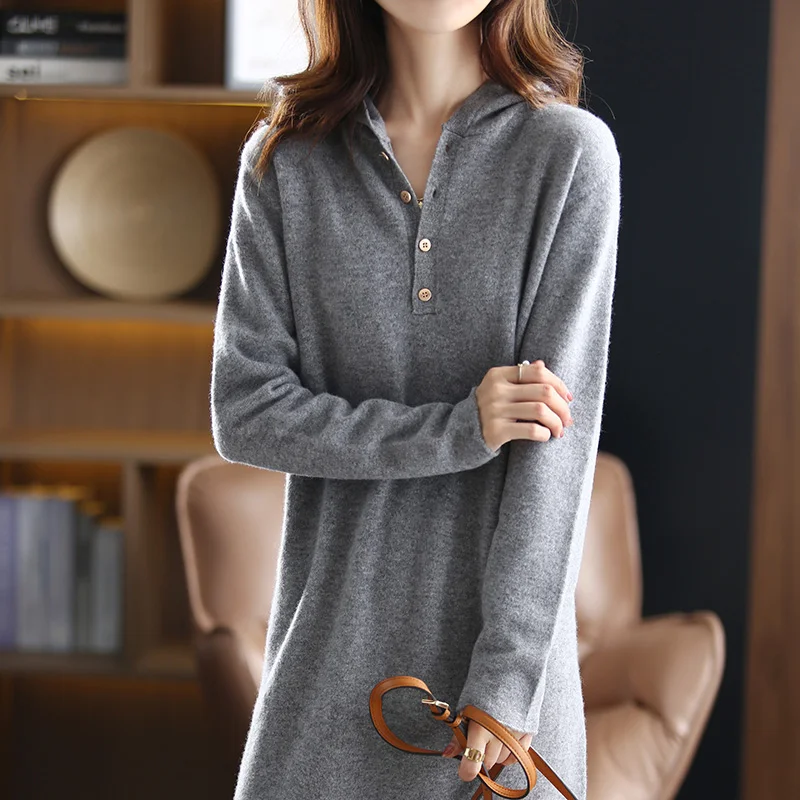 New 100%Pure Cashmere Dress Women Long Knit Hooded Sweater 2024 Winter Loose Wool Thick Large Size High Waist Bag Hip Long Skirt