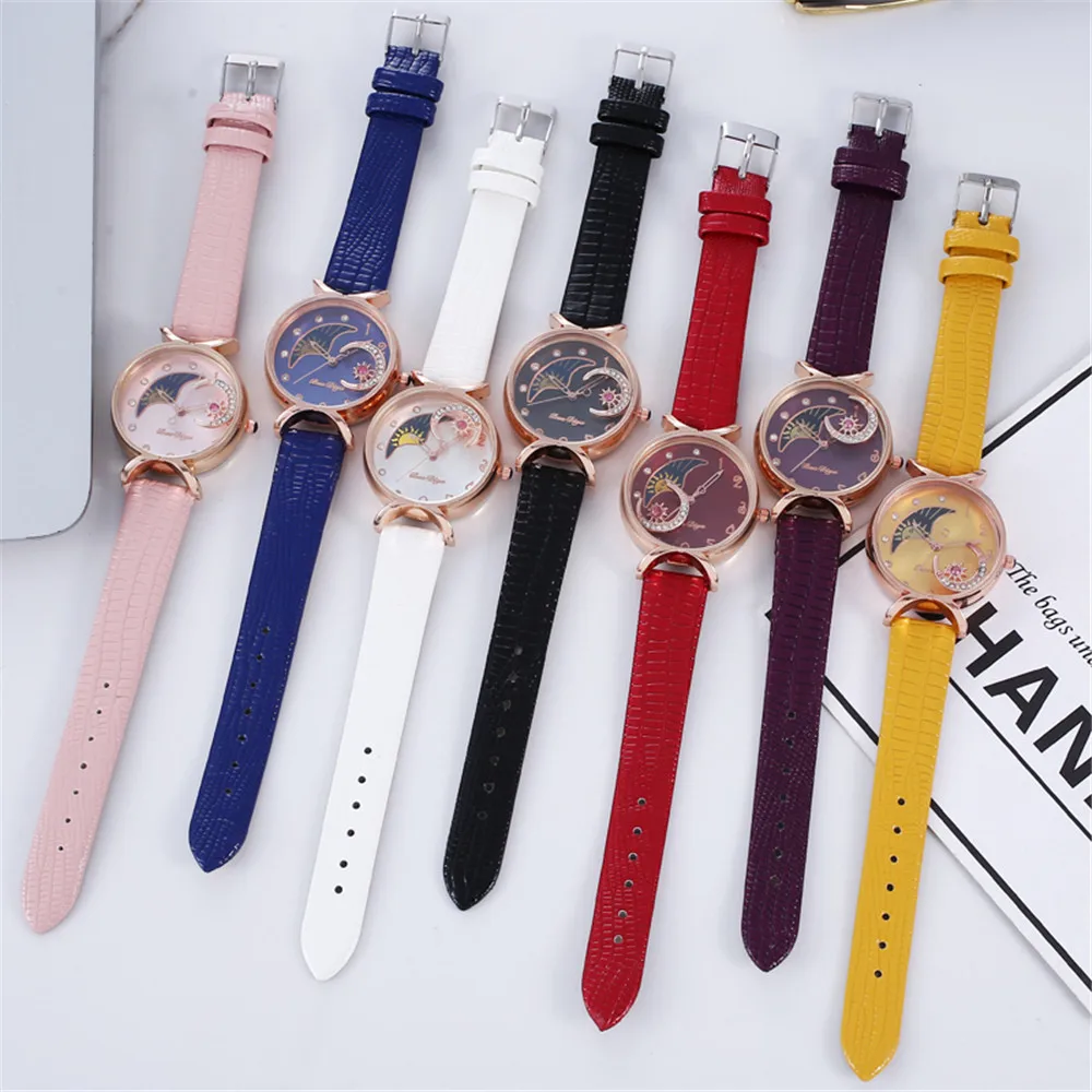 Elegant Moon with diamonds Watches Women Fashion Luxury Quartz Wristwatches Casual Female Leather Watch Creative Montre Femme