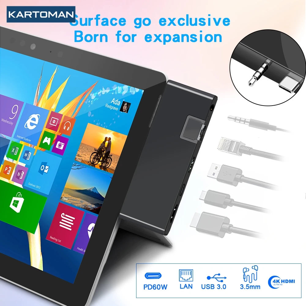KARTOMAN USB 3,0 HUB 4K HDMI compatible con Gigabit Ethernet adaptador audio SD/TF para Microsoft Surface GO 2 estaciones de acoplamiento para ordenador portátil