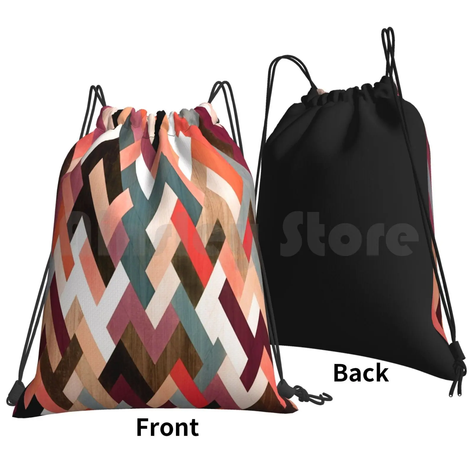 Sk9 Backpack Drawstring Bags Gym Bag Waterproof Abstract Geometric Pattern Multicolor Texture Wood Parquet Vintage White