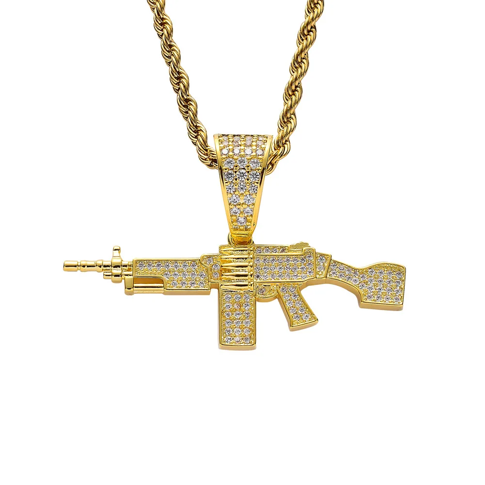 Men Iced Out Machine Gun Pendant Necklace Gold Silver Color Brass Gothic CZ Necklace Hip Hop Jewelry with Stainless Chain