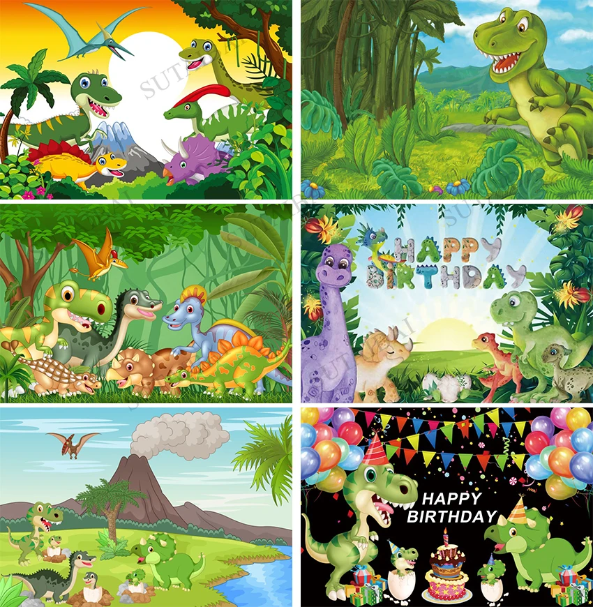 Dinosaur Photo Backdrop Colorful Flags Balloons Baby Shower Boys Happy Birthday Party Photography Background Banner Supplies