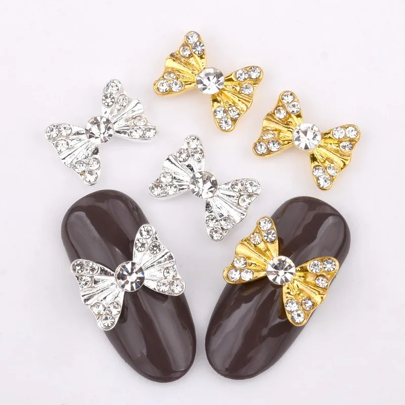 10pcs/pack 3d Nail Accessories Charms Glitter Clear Rhinestones Bow Ties DIY Gold silverAlloy Nail Art Decorations QB046-047