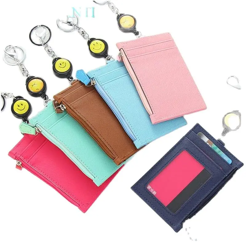 ROCOHANTI Brand PU Leather Card Bag With Flexible Band Key Chain Lady's Multi Block Card Holder Zippered Pouch Coin Purse