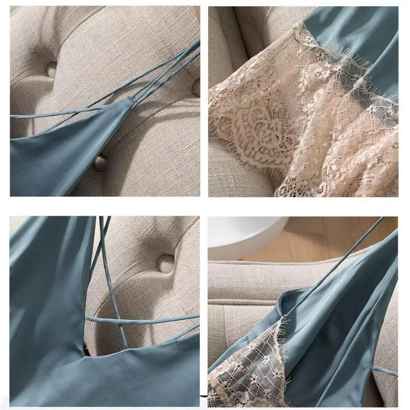 Camisón de satén con tirantes finos para mujer, ropa de dormir de retazos de encaje, lencería íntima, bata de baño Sexy, novedad de verano
