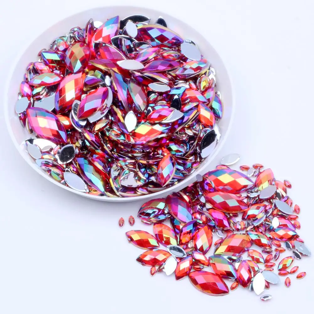 

7x15mm 2000pcs Marquise Earth Facets AB colors Flatback Acrylic Rhinestone Glue On Strass High Shine DIY Nail Art Decorations