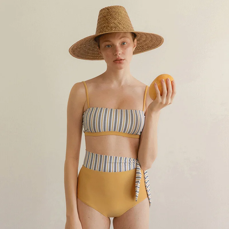 

2021 New Korea Women Sexy Stripe Bikini Set Bandage High Waist Swimsuit Brazilian Biquini Swimwear Summer Beach Wear