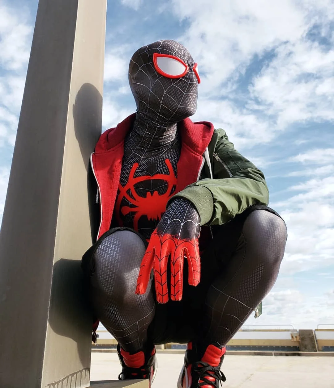 Anime Miles Moras SpidSuffolk Into the Spider Verse Cosplay Costume, Zentai Suits, Halloween Suit, Smile, Foreddrums Suit