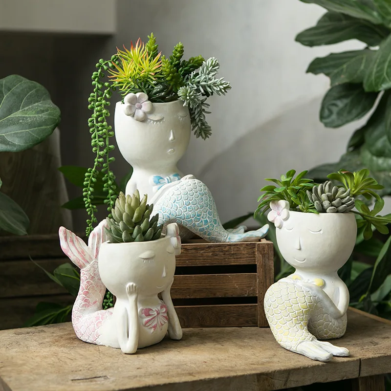 

Mini fairy tale garden cute mermaid flower pot cartoon ornaments fish succulents planting green sill potted balcony decoration