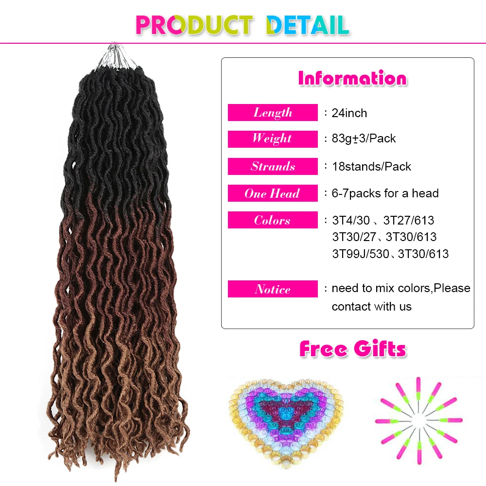 24Inch Goddess Faux Locs Crochet Hair Synthetic Soft Wavy Gypsy Locs Dreadlocks Tone Curly Wavy Twist Braiding Hair Extensions