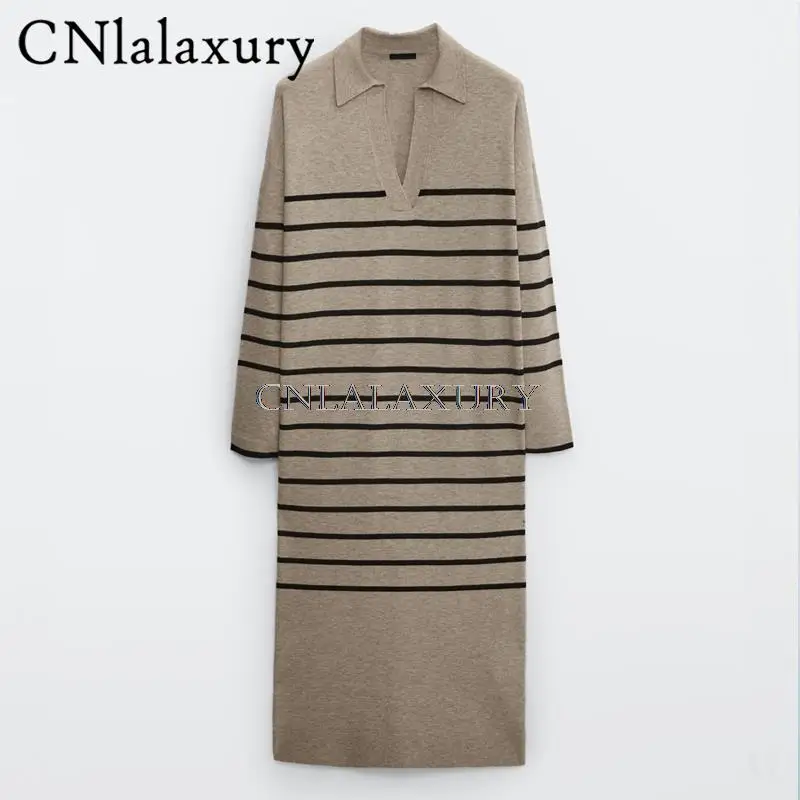 CNlalaxury 2022Office Lady Knitted Sweater Dress Women Long Sleeve V Neck Vintage Striped Casual Female Dresses Fashion Winter