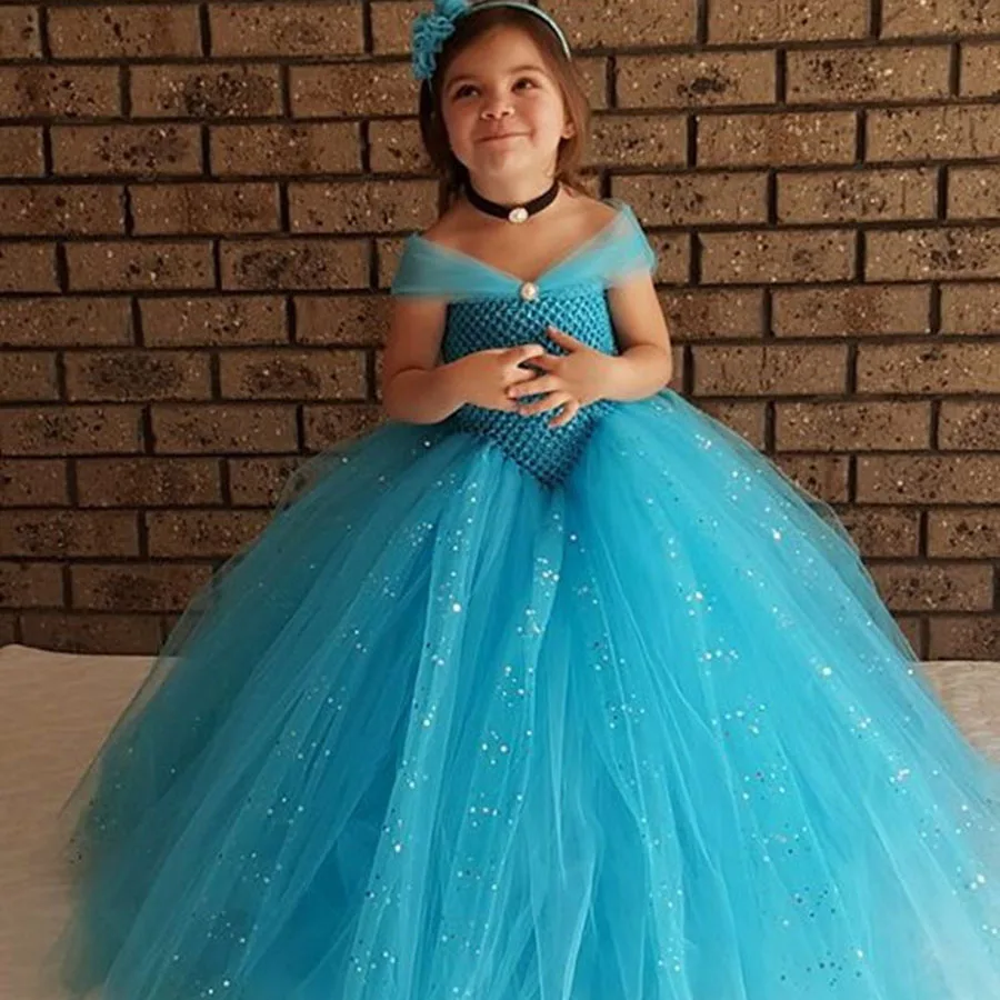 

Baby Girls Glitter Blue Princess Tutu Dress Kids Crochet Tulle Elsa Dress Ball Gown with Hairbow Children Birthday Party Dresses