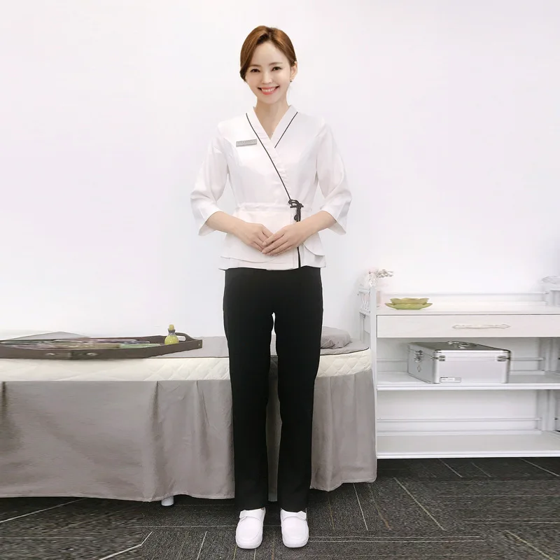 

Korean Health Club Work Clothing Female Teahouse Waitress Clothes Beauty Salon SPA Uniform 2piece Set Embroider DIY Logo Uniform
