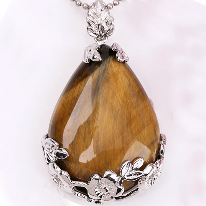 Silver Plated Natural Original Tiger Eye Stone Flower Water Drop Pendant Charm Jewelry For Women Men Girls Gifts