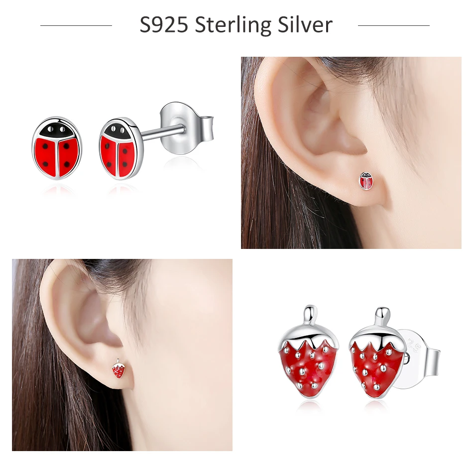 2022 Fashion Jewelry Christmas Stud Earrings Animal Ladybug Clover Heart 925 Sterling Silver Small Earrings for Women Kids Girls