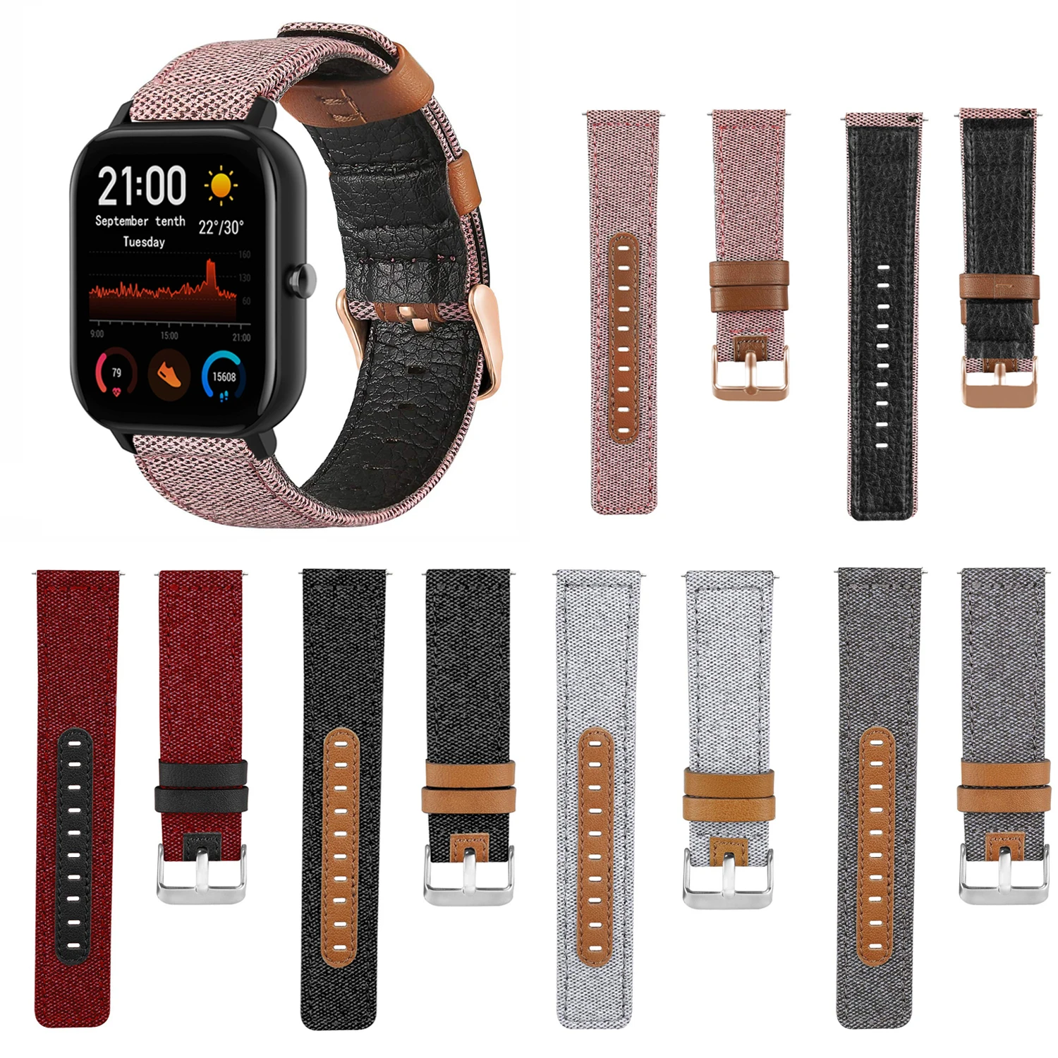 20Mm 22Mm ผ้าใบผ้าสายหนังแท้สำหรับ Huami Amazfit GTS 2e GTS2 Mini สำหรับ Bip lite S U 1S สายคล้อง