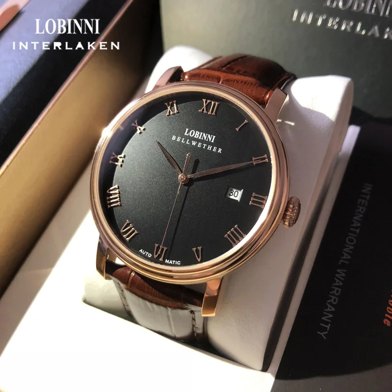 LOBINNI Роскошные автоматические механические часы с корпусом из розового золота, деловые часы с датой, водонепроницаемые часы с сапфировым стеклом