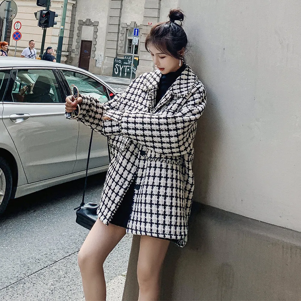 

Houndstooth Woolen Coat 2021 Women's Spring Autumn Houndstooth Jacket Korean Student Loose Woolen Fabric Coat Plus Size Jacket