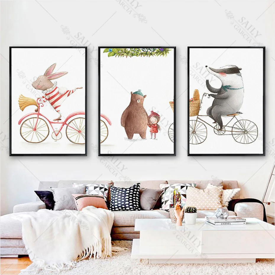 3 Pieces Watercolor Animals Rabbit Beer Canvas Paintings Pink Childhood Posters Prints Wall Art Pictures For Kids' Rooms Decor