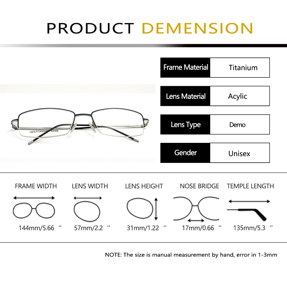 100% Titanium Glasses Frame Men Ultralight Square Myopia Prescription Eyeglasses Male Half Semi-Rimless Optical Frame 57mm