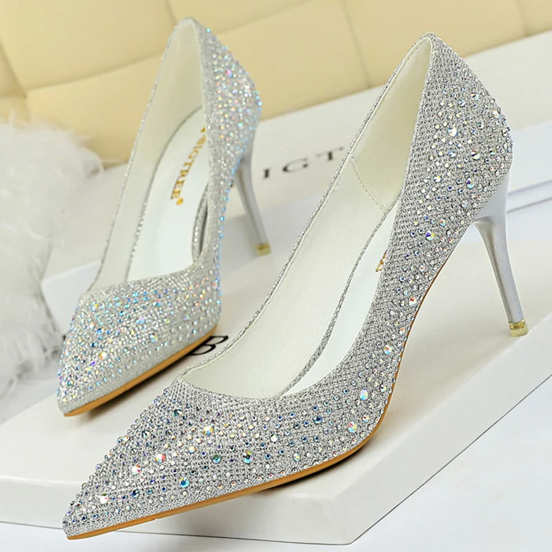 2023 Elegant Women Glitter Crystal Thin High Heels Bride Pumps White Silver Pink Tacones Heels Cinderella Wedding Shoes Big Size