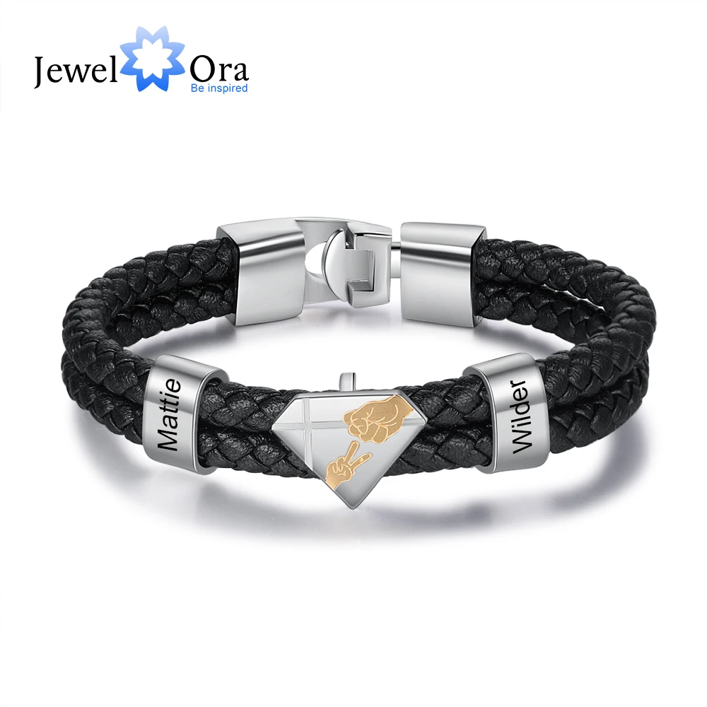 JewelOra Designer Personalized Engraved Dad Kids Name Bracelet Black Braided Leather Bracelets for Men Fathers Day Gifts