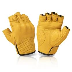 SFK Genuine Goatskin Leather Motorcycle Gloves Motocross Fingerless Gloves Half Finger Summer Retro Vintage Yellow Racing Men
