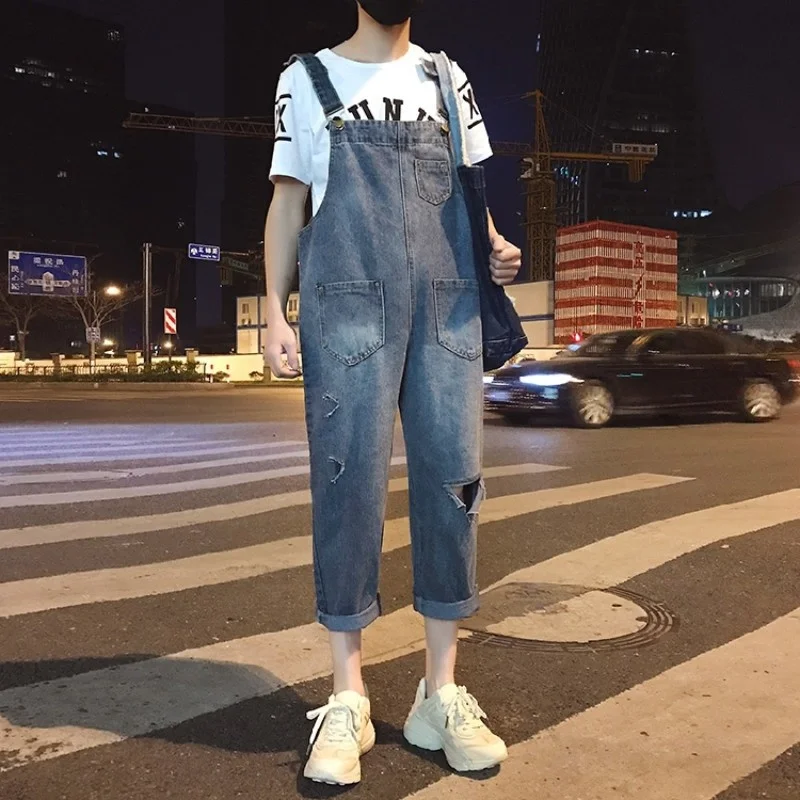 Hop Hüfte Stil Herren Loch Zerrissene Jeans Overalls Casual Streetwear Ankle Länge Cargo Hosen Denim Hosenträger Hose Jeans Strampler