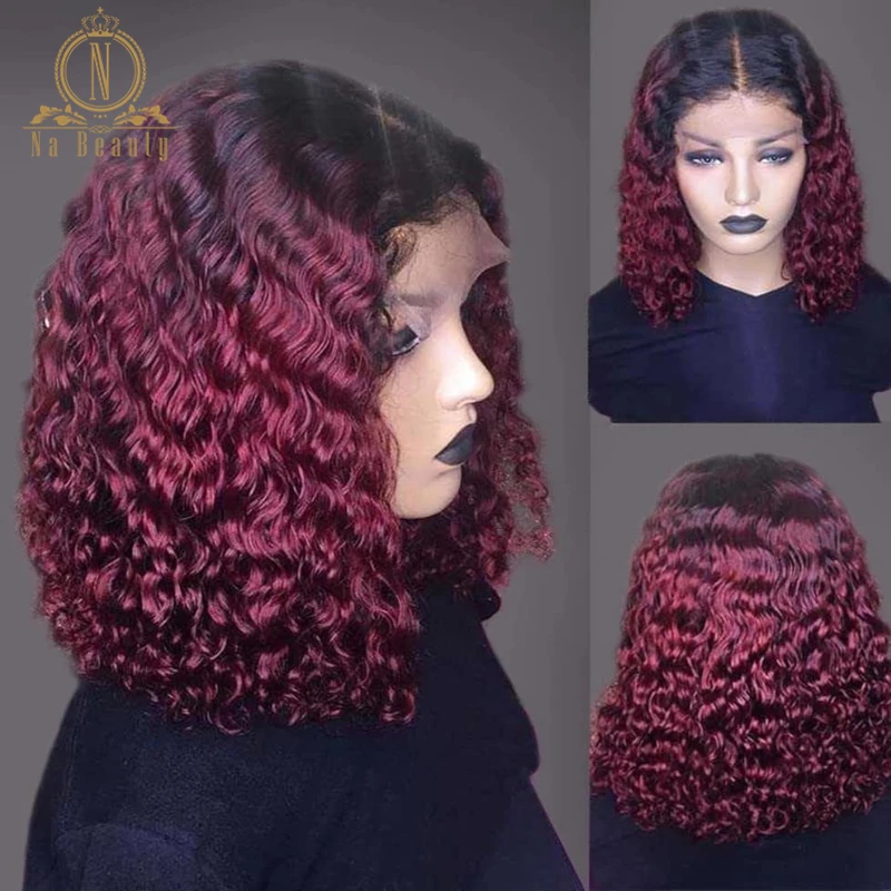 

1B/99J Lace Frontal Wigs Colored Jerry Curly Short Bob Wigs For Women Human Hair For Black Women 1B/Burgundy Color Natural Color