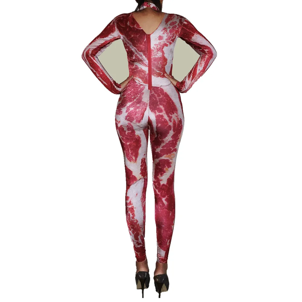 Sexy Halloween Meat Print Cosplay Jumpsuit Nightclub Party Stretch Rompers Dancer Bodysuit Stage Performance Costumes Wuhuarou