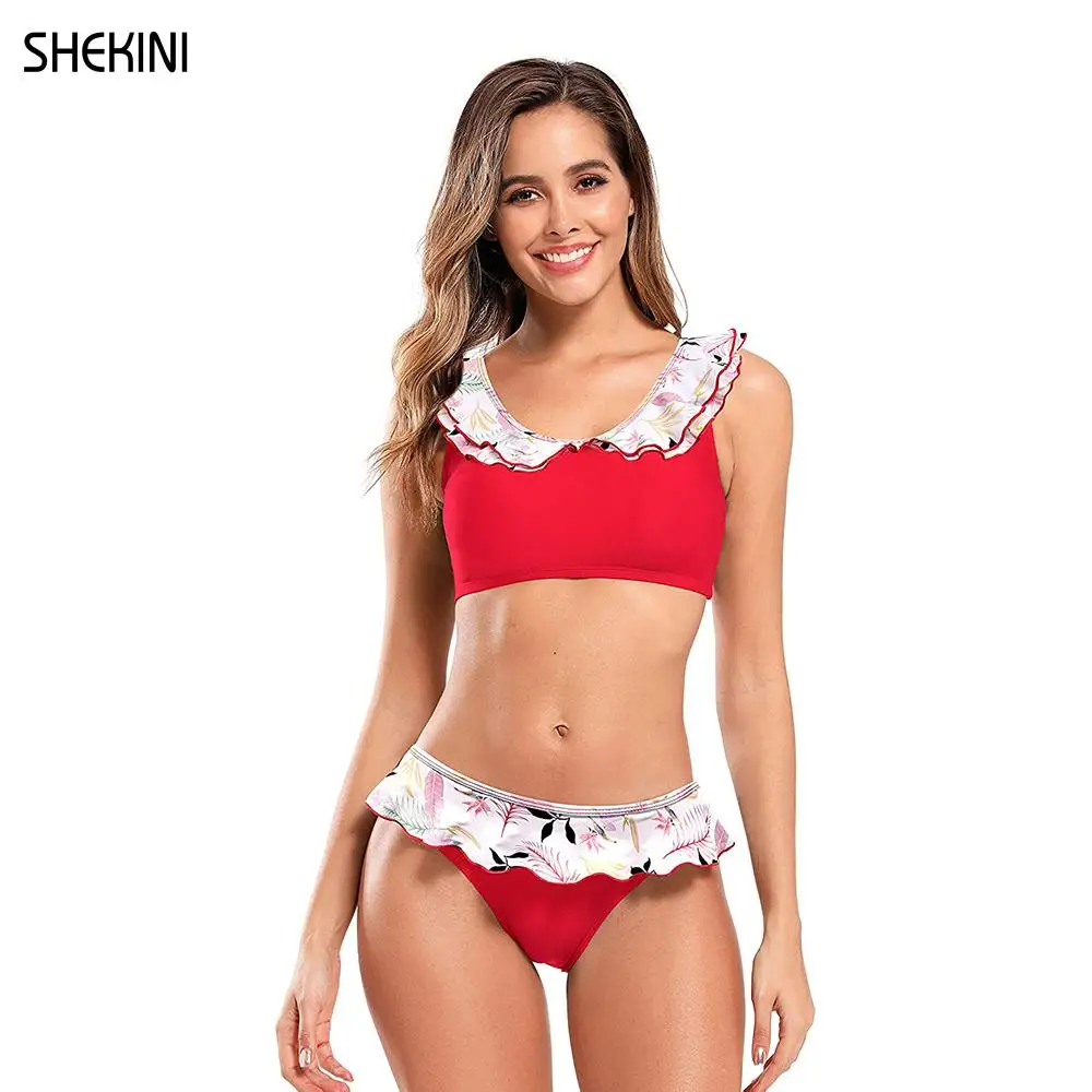 SHEKINI Women's Scoop Neck Ruffle Flounce Swimming Bikini Set Floral Print Cute Two Piece Swimsuits Beach Bathing Suits Swimwear