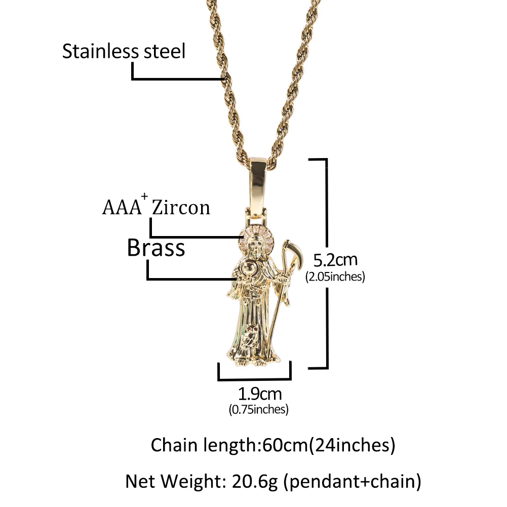 THE BLING KING 14K Gold Plated Grim Reaper Santa Muerte Death Angel Charm Pendant Necklace Paved Cubic Zirconia Hip Hop Jewelry