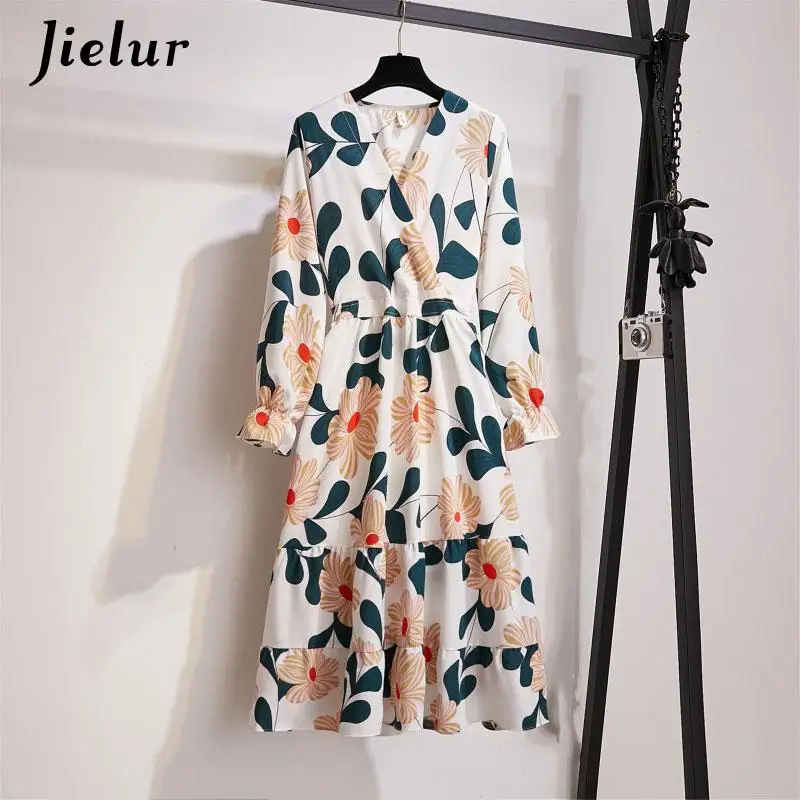 Jielur Eleganten Druck Kleid Frauen Herbst Vintage Casual S-XL Größe V Neck Blume Midi Kleid Koreanische Japan Lose Lange Hülse kleider