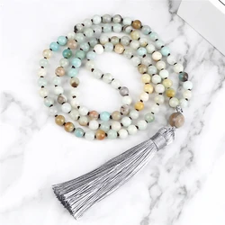 6mm Amazonite Beads Necklaces with Gray Tassel Pendant Mala 108 Prayer Beaded Necklace Fashion Jewelry Gifts for Women Men Yoga
