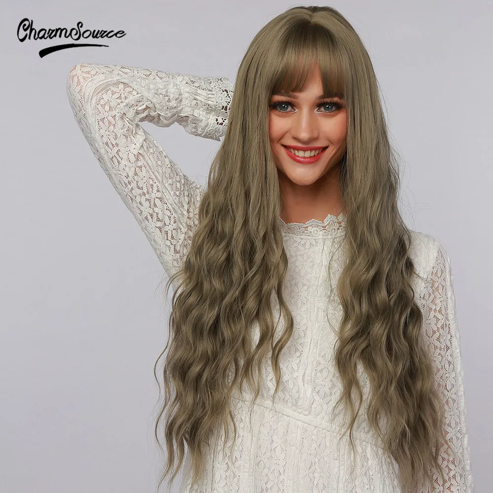 CharmSource Long Flax Gray Body Wave Omber Wigs with Bangs Synthetic Wigs for Women Cosplay Party Natural Hair Heat Resistant