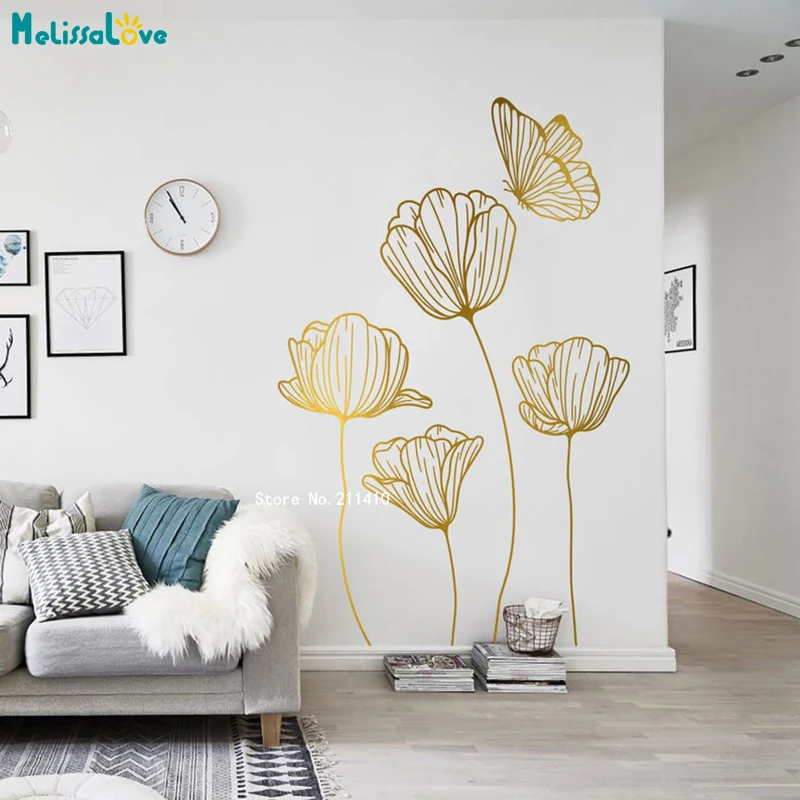 PopMED-Stickers muraux de luxe avec papillon et fleur, décoration de salon, Accent naturel, cadeau minimaliste, perfecYT6205