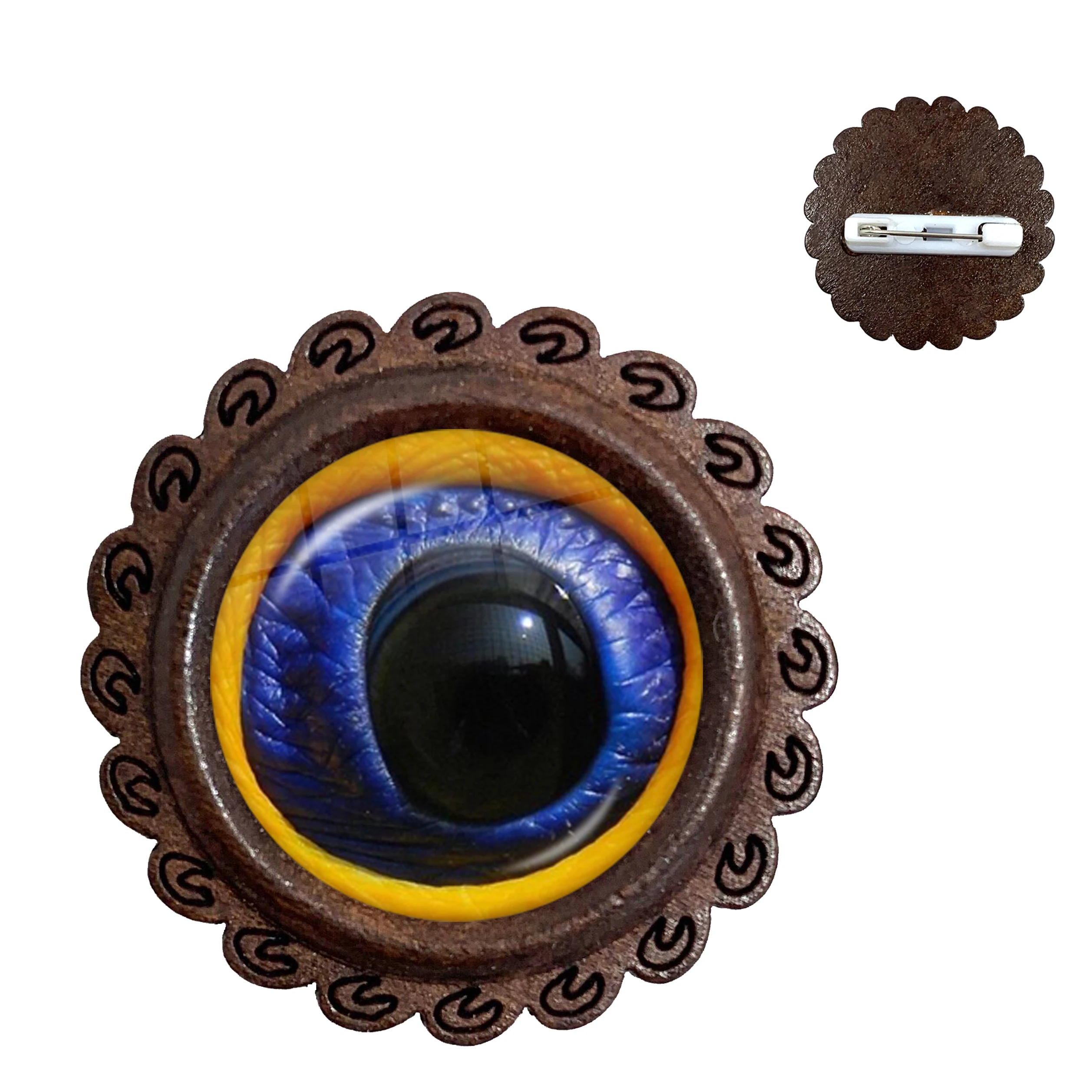 Animal Eyes Wood Brooch Dragon Snake Owl Cat Tiger Eyes Glass Cabochon Collar Pins Handmade Jewelry For Women Men Gift