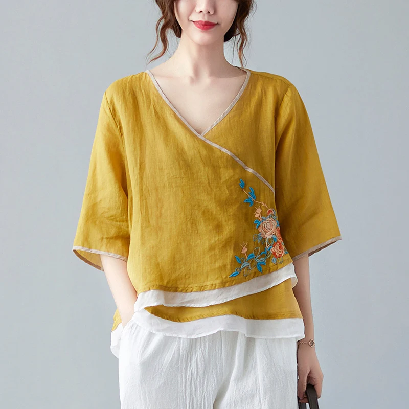 

Women Embroidery Floral Shirts Chinese Style Hanfu Tops Ramie High Quality Blouses 2022 Summer New V-Neck Loose Shirts Fashion