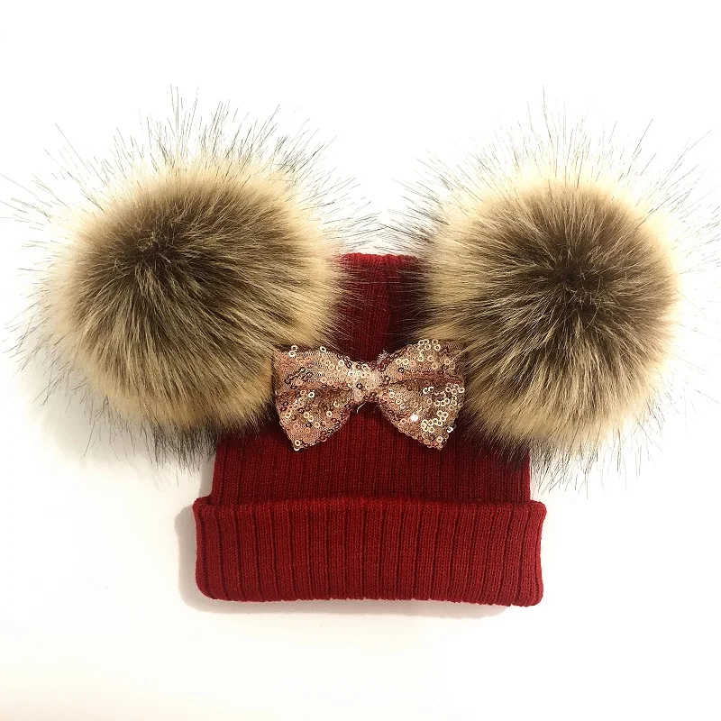 Baby Girl Knit Glitter Bow Knot Double Pompom Hat Faux Fur Winter Cap For Kids Children Beanie Bonnet