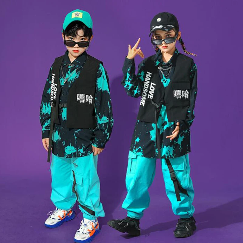 Kids Kpop Hip Hop Clothing Print Shirt Tops Sleeveless Jacket Streetwear Blue Cargo Pants for Girl Boy Dance Costume Clothes