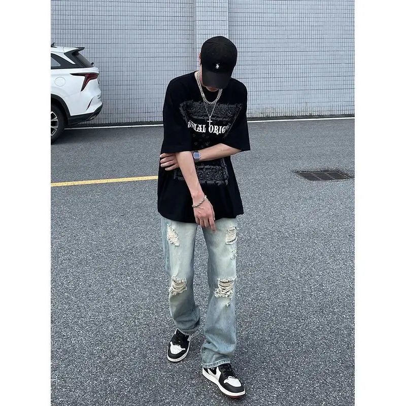 Summer Washboard Destroy Wash Hole Jeans Streetwear Men Pasted Cloth Plaid Pants Slim Fit Thin Ripped Jeans Elastic Beggar Pants